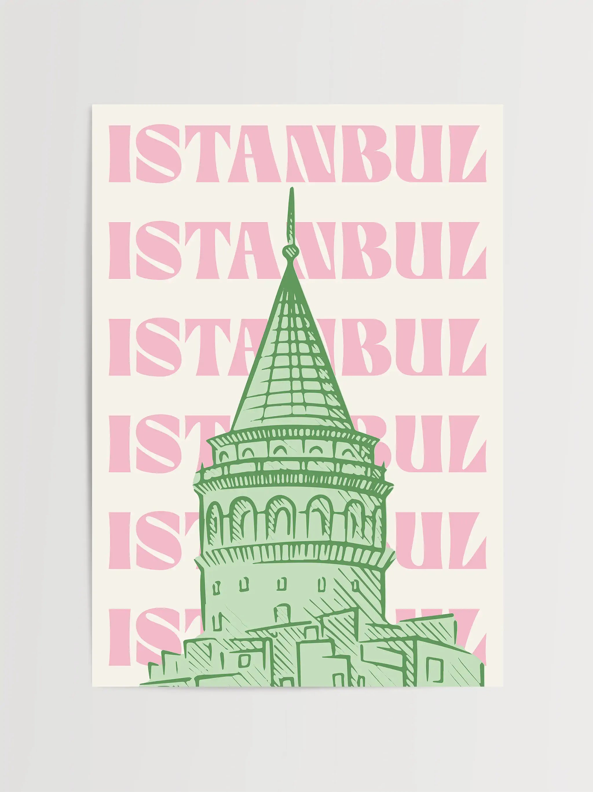 Illustrated Galata Tower with pink "Istanbul" typography in a modern, artistic style